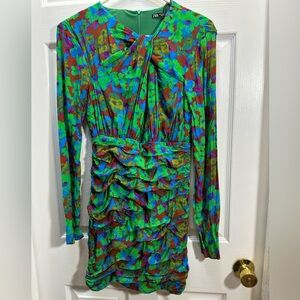 Zara Green Multi-Color Floral Ruched Long-Sleeve Dress